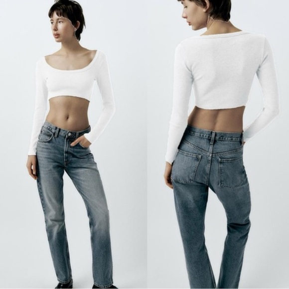 Zara Tops - Zara Ribbed Gray Cropped Long Sleeve Top